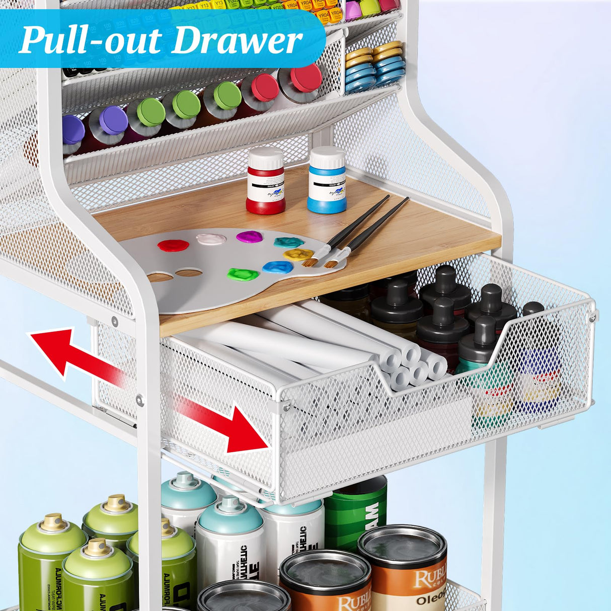 Rolling Craft Cart with Drawer, White Small Utility Cart, Metal Storage Cart with Lockable Wheels, 6 Tiers Paint Organizer for Art Supplies, Store for Brushes Paints Artifacts Small Parts JKsmart