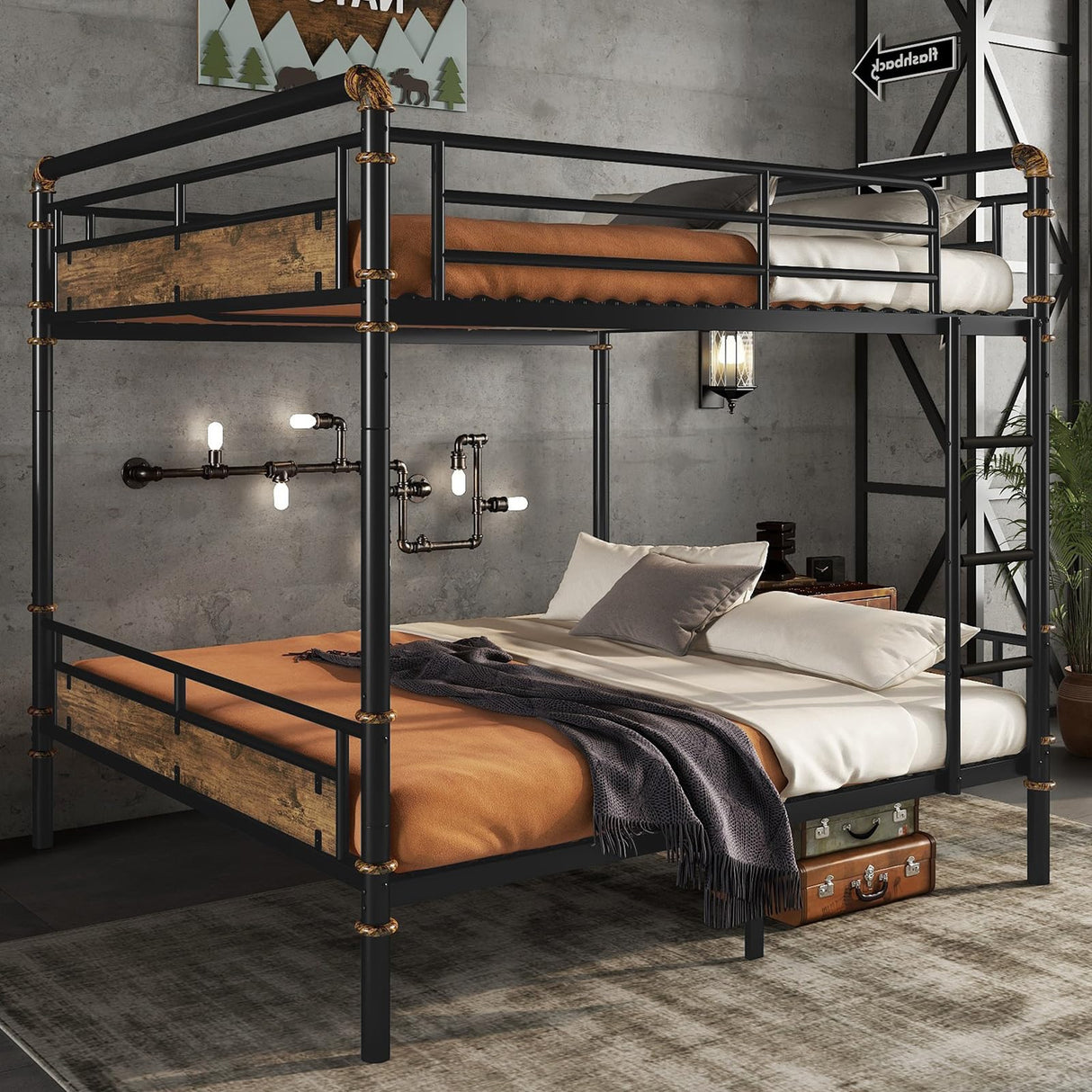 Mirightone Queen Over Queen Bunk Beds for Teens or Adults,Industrial Heavy-Duty 2 in 1 Metal Convertible Bunk Bed with Ladder and Slats Support,15.9" High Guard Rail,Space-Saving,Noise Reduced,Black Mirightone
