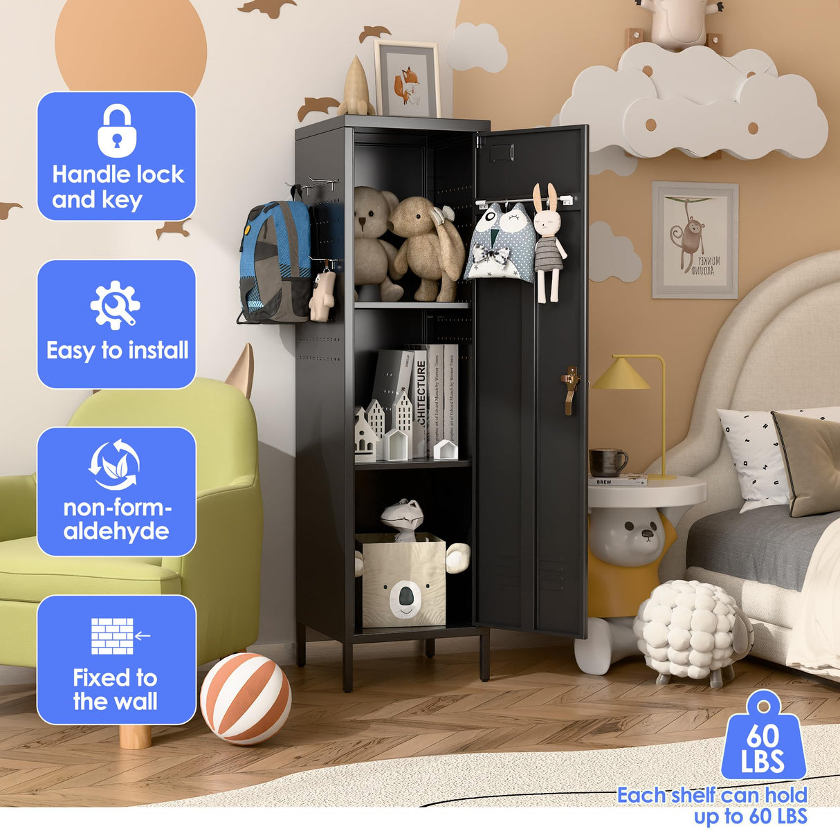 SUXXAN 54" H Metal Storage Locker, Metal Cabinet with Lockable Door & Towel Rack & 2 Side Pegboards with Hooks for Home School Office Gym Bedroom, Assembly Required(Black) SUXXAN