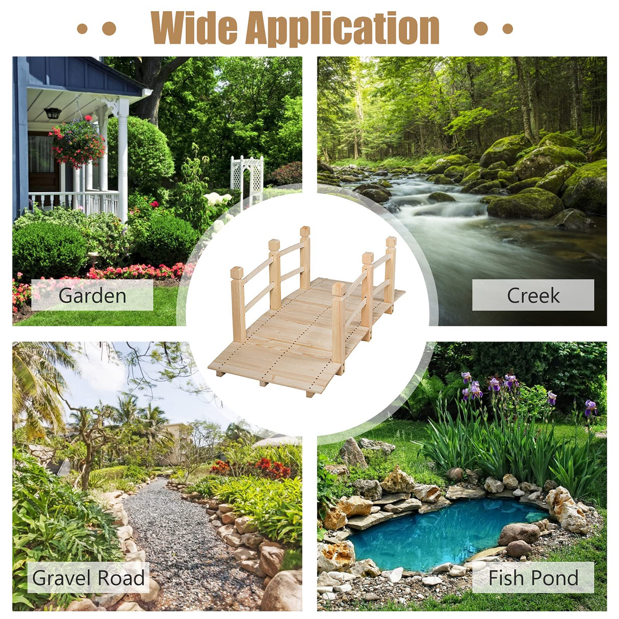 S AFSTAR Garden Bridge, 5FT Wooden Arc Footbridge for Outdoors with Safety Guardrails, Decorative Landscaping for Garden Yard Walkway Creek Farm, 400 LBS Capacity (Natural Finished) S AFSTAR