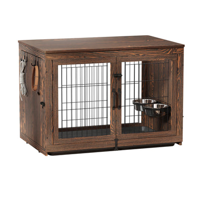 Piskyet Wooden Dog Crate Furniture with 360°Rotatable Removable Dog Bowls, Dog Crate End Table with Tray, Double Doors Dog Kennels for Dogs(L:37.7" L*25.1" W*26.1" H, Rustic Brown)