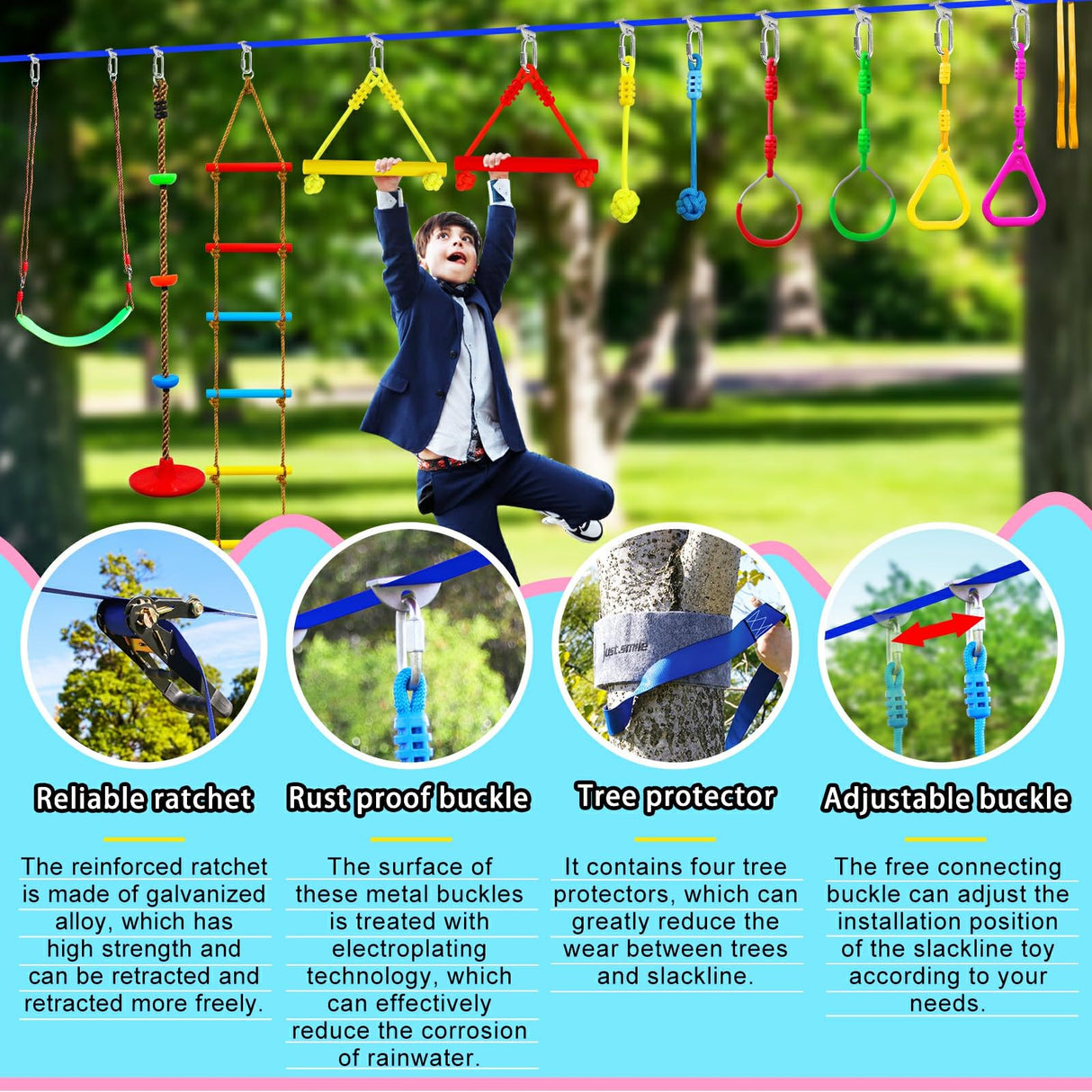 Ninja Slackline Ninja Warrior Obstacle Course for Kids-2x52ft with Swing, Rope Ladder,Climbing Bar,Ring,Outdoor Ninja Course Training Equipment Set for Backyard Just.smile