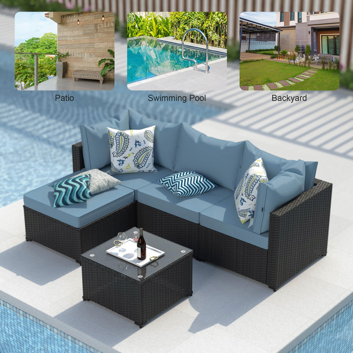 GOJOOASIS Patio Furniture Set Outdoor Sectional Sofa with Ottoman Wicker Couch Rattan Modular Seating Conversation Sets Porch Decor for Backyard, Balcony, Garden (Blue A) GOJOOASIS