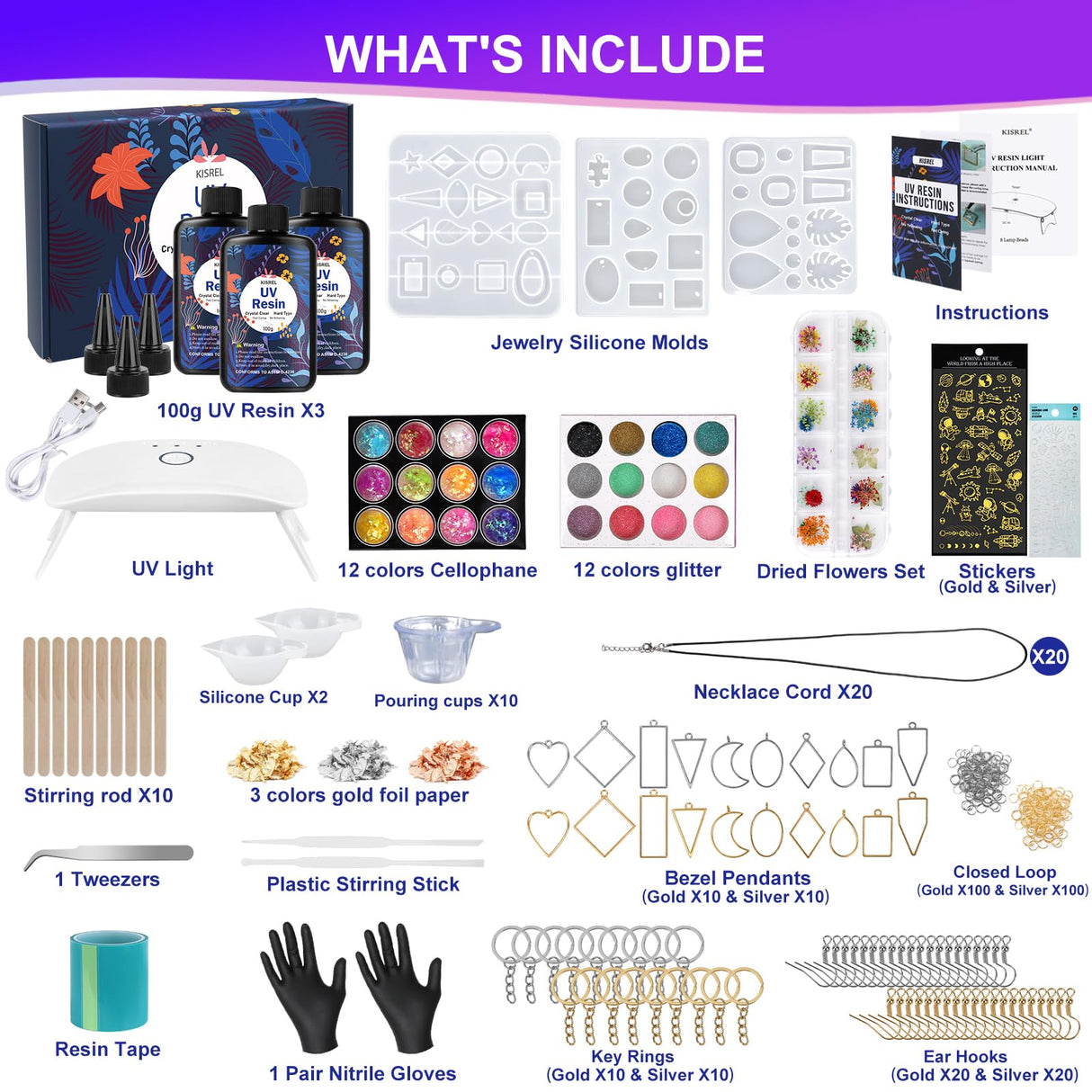 UV Resin Jewelry Making Kit, 300g Crystal Clear Resin with Light and Molds, DIY Jewelry Making Kit, Resina Starter Kit for Keychain and Earring KISREL