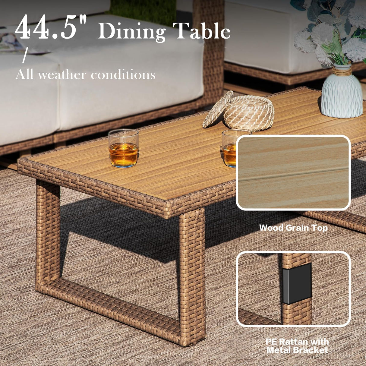 XTWEEX 6-Piece Outdoor Patio Furniture Set, Rocker Chairs and Sofa with Thick Cushions and Steel Frame and Wooden Board, PE Rattan Weaving Outdoor Conversation Set Brown/Light Gray Linen XTWEEX