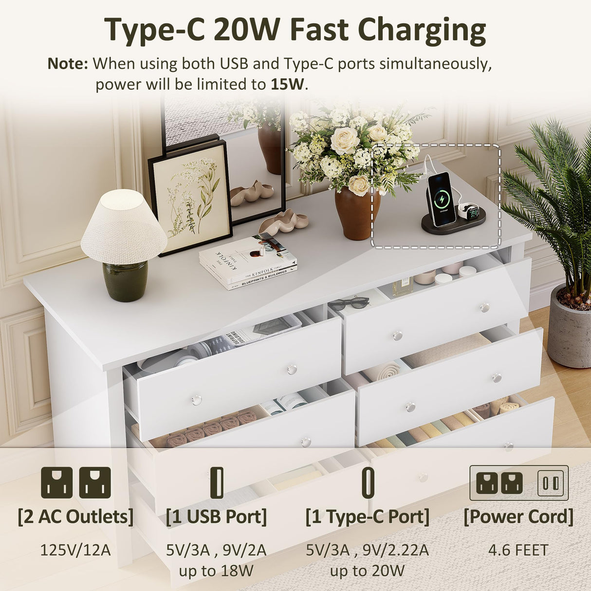 Furmax Dresser for Bedroom with Power Outlet, 6 Wood Dresser, Chest of Drawers, for TV up to 65 inch, TV Stand Storage Chest of Drawers for Hallway Entryway (White) Furmax