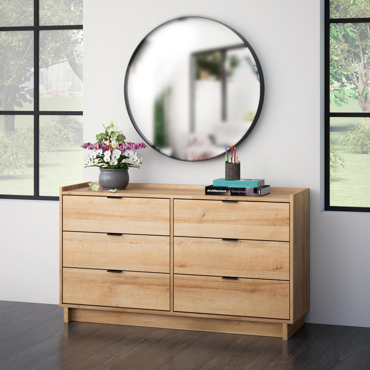 Prepac Simply Modern 6-Drawer Double Dresser for Bedroom, Chest of Drawers, Modern Bedroom Furniture, 52.5” Wide x 16” deep x 29.5” Tall, Oak Prepac