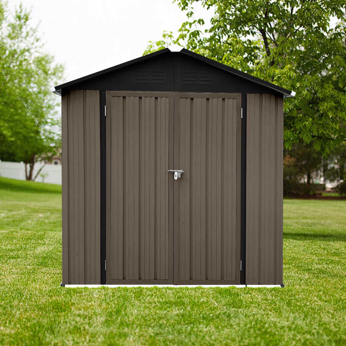73” Outdoor Storage Cabinet with Lockable Door, 4FTx6FT Metal Storage Shed for Patio Garden, Apex Roof, Easy Assembly (Brown) Nahenduo