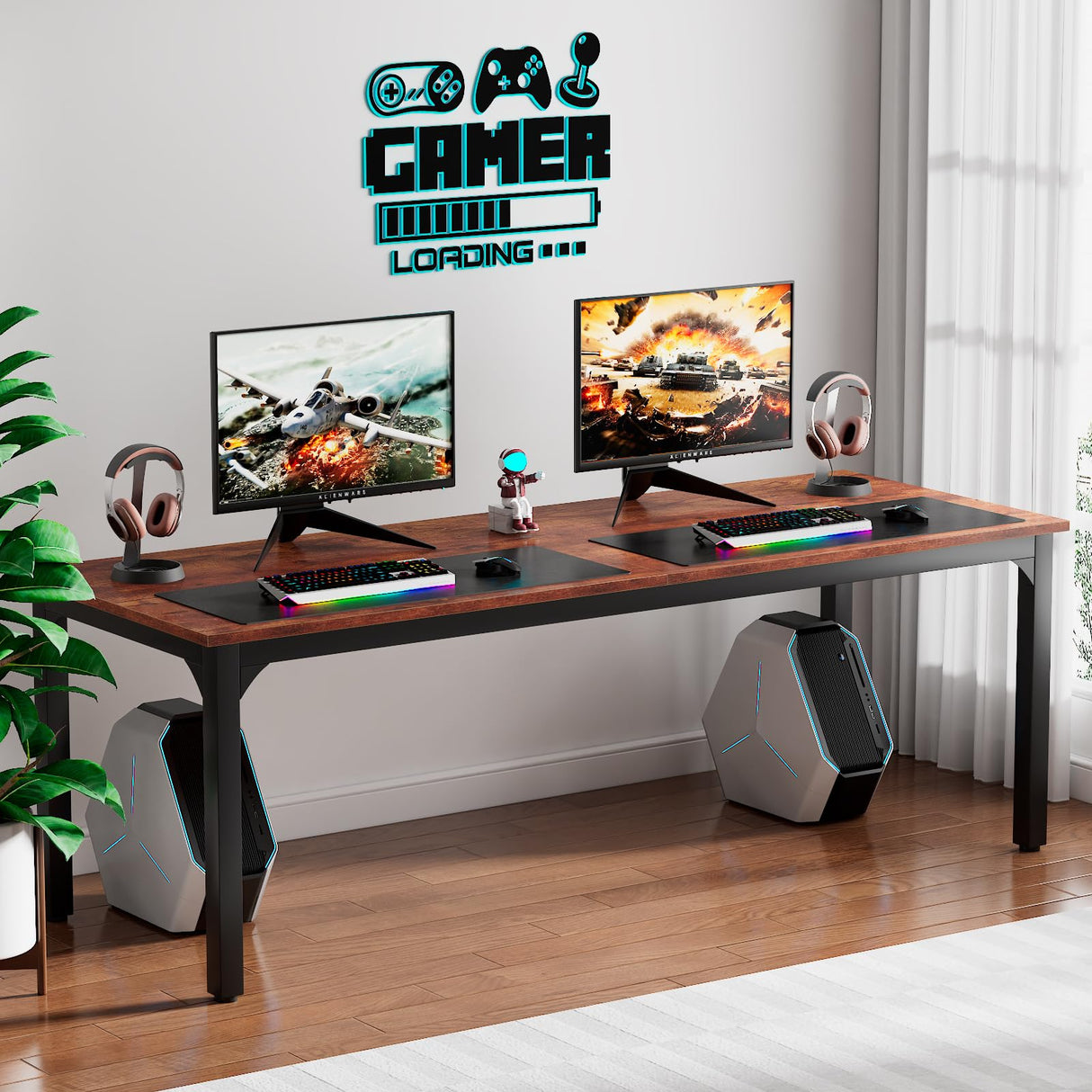 Vagaconl Computer Desk 78.74" L x 27.55" W x 29.52" H, Large Gaming Desk Extra Long 2 Person Desk, Home Desks for Work Study Student Writing, Metal Frame Rustic Brown (Only Table) Vagaconl