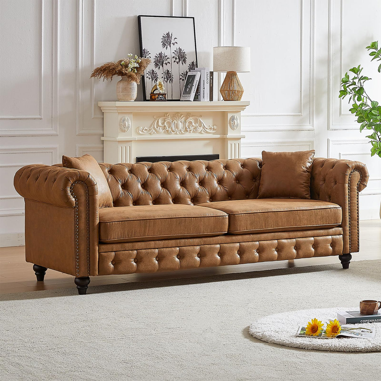 Mid Century Modern Couch, 85.5"W High-tech Fabric Button Tufted Oversized Loveseat Sofa with Nailhead Trim & Roll Armrests, Deep Seat Comfy Chesterfield Sofa for Living Room, Office(3 Seater, Brown) JEEOHEY
