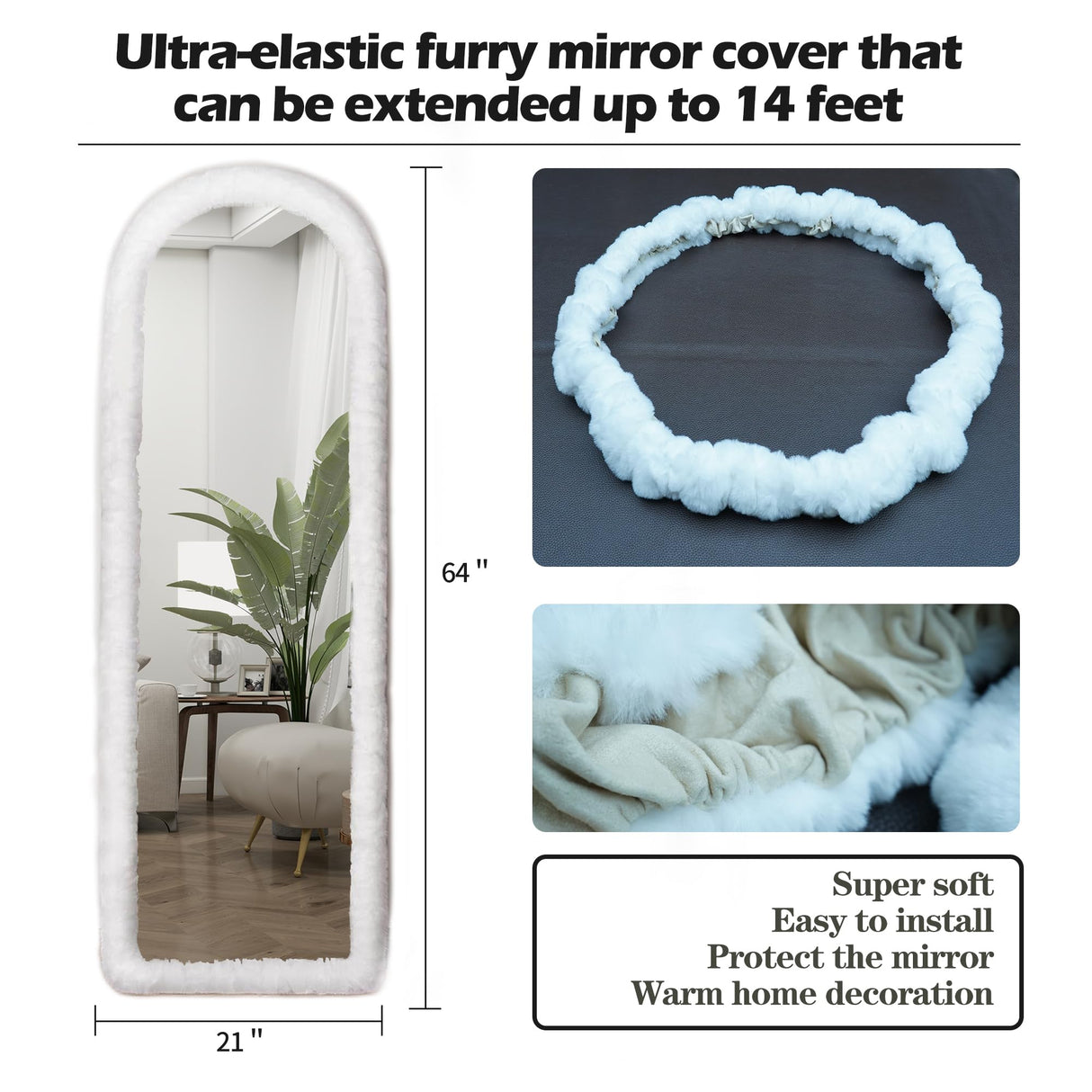 JAWGLOW Fluffy Full Length Mirror, Universal Ultra Soft Non-Slip Cover, Free Standing, 64"x21", Full Body Mirror, Warm Home Decor for Living Room, Bedroom, Cloakroom (White) JAWGLOW