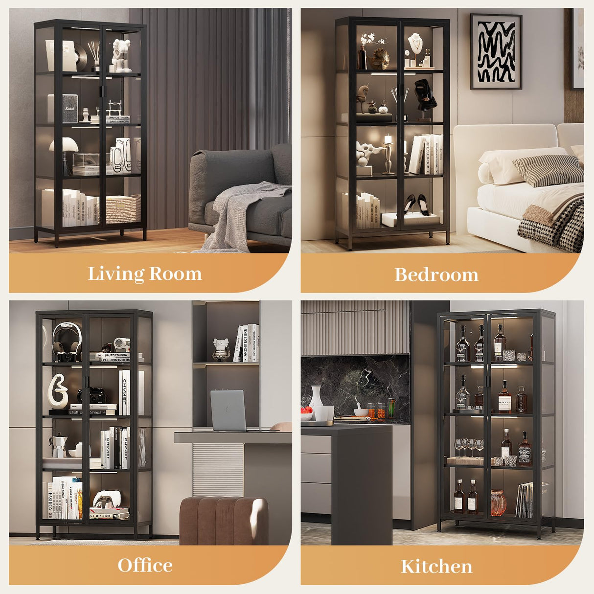 Eltean 63" H Glass Display Cabinet, 4 Tiers Curio Display Case with 3 Colors LED Sensor Light,Display Cabinet for Collectible with 3 Adjustable Shelves for Living Room, Bedroom, Office (63“H) Eltean