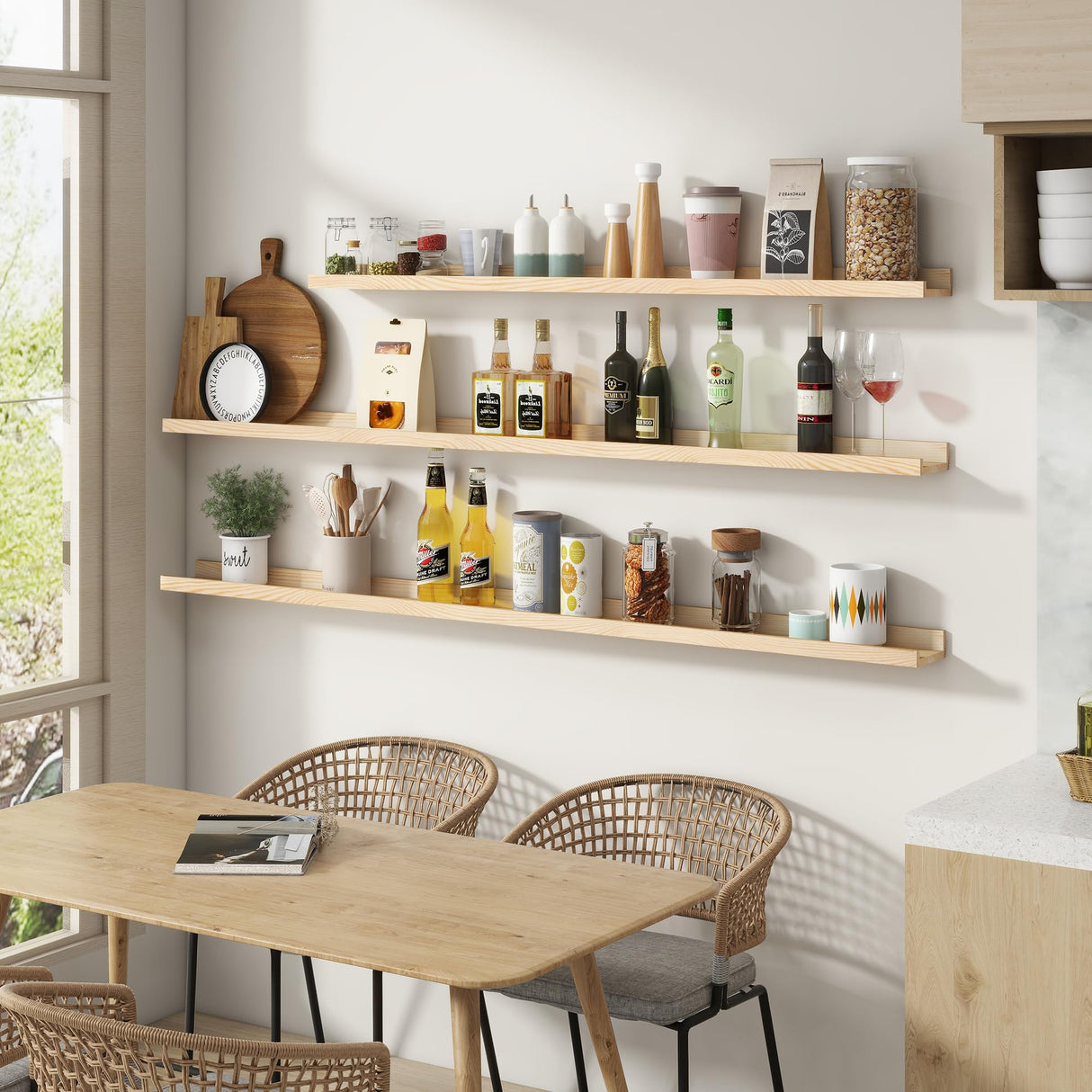 Picture Ledge Shelf, Floating Shelves Set of 2, Solid Pine Wood 72'' Long Large Nursery Book Shelves for Toys Storage, Kids Bookshelf for Living Room Bedroom Decor Books Photo Frames, Natural FLYJOE