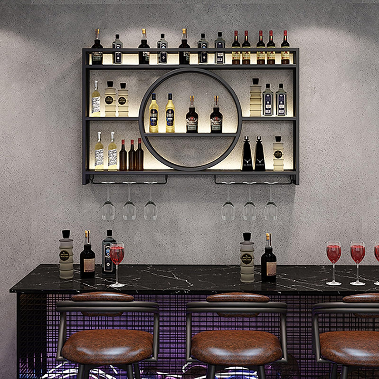 AKOGG Wine Rack Wall Mounted With LED Light & Wine Glass Holder,Iron Bar Liquor Shelf,Floating Wall Wine Shelves,Liquor Bottle Display Shelf,Wine Glass Storage Racks,For Kitchen Wine Cellar,Gold/Black AKOGG