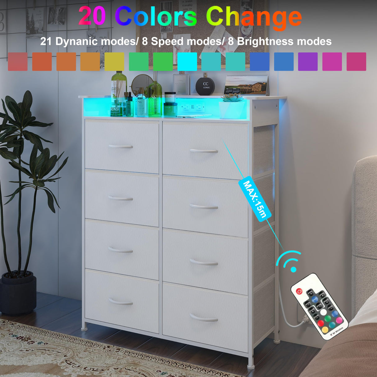 Welfuturer White Dresser for Bedroom with Power Outlets and LED Lights Narrow 8 Fabric Drawers Dressers Tall Storage Tower Unit for Entryway Closet Hallway Living Room Sturdy Steel Frame Wooden Top Welfuturer