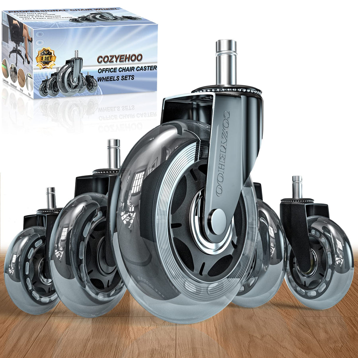 Office Chair Wheels Replacement, Transparent 3 Inch Heavy-Duty Computer Gaming Desk Rubber Casters,Smooth & Silence Gliding for All Floors Including Hardwood Carpet, Set of 5 COZYEHOO