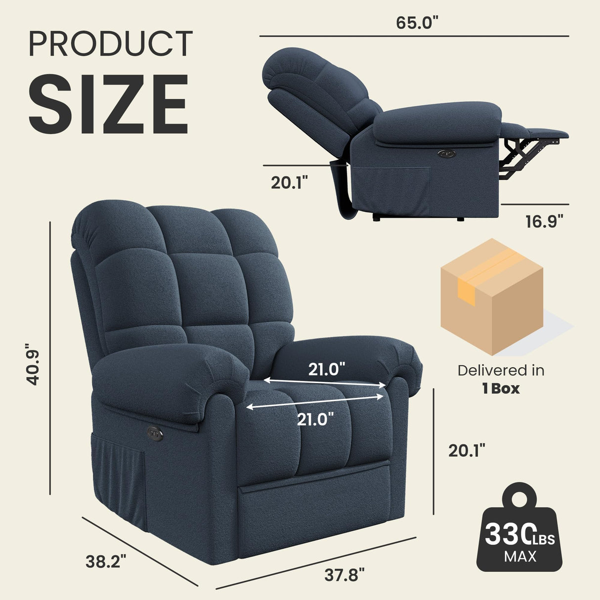 Welzona Updated Power Recliner Chair for Adults, Adjustable Electric Chair Power Reclining Sofa, USB Port, Ultra-Comfy Teddy Fleece Recliner for Living Room, Tool-Free Assembly Single Sofa, Blue Gray Welzona