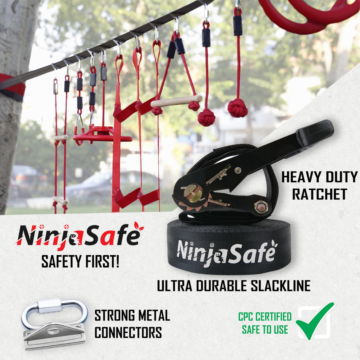 Ninja Obstacle Course for Kids Backyard - 10 Durable Obstacles and 50' Slackline - Outdoor Warrior Obstacle Playset Equipment for Girls & Boys with Monkey Bars, Ladder, Wheel, Gymnastics, Climbing Net NinjaSafe