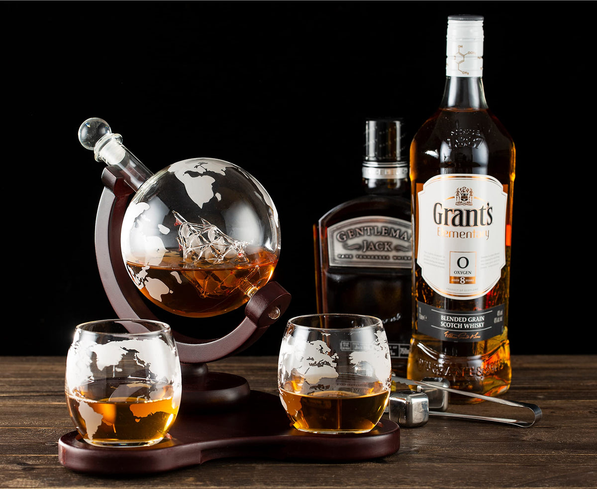 Verolux Whiskey Globe Decanter Set with 2 Glasses in Gift Box - Whiskey decanter for Liquor, Whiskey, Brandy, Gin, Rum, Tequila, Vodka, and Brandy - Home Bar Accessories for Men and Women Verolux