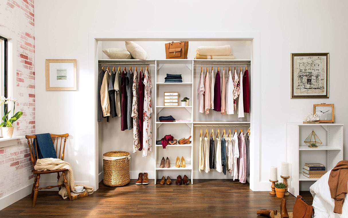 ClosetMaid SuiteSymphony Wood Closet Organizer Starter Kit Tower and 3 Hang Rods, Shelves, Adjustable, Fits Spaces 5 – 10 ft. Wide, Pure White, 25" ClosetMaid
