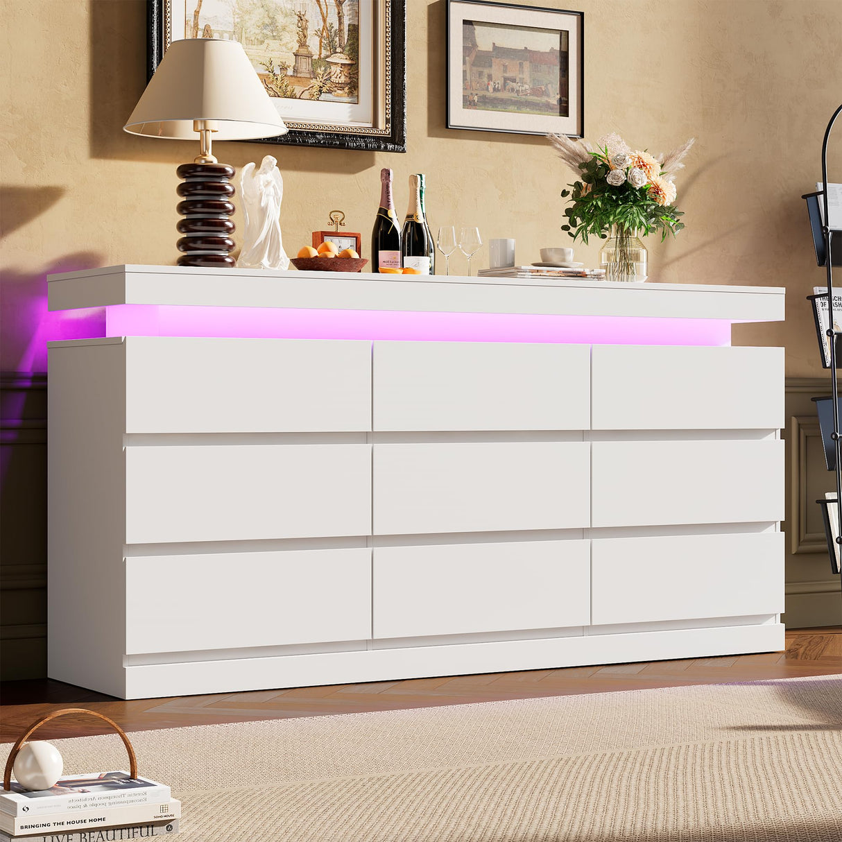 Garvee 9 Drawer Dresser for Bedroom - 63” Wide Chest of Drawers with LED Light and Charging Station, Large TV Stand Multi-Function Home Organizer for Living Room, Entryway, Hallway, White Garvee