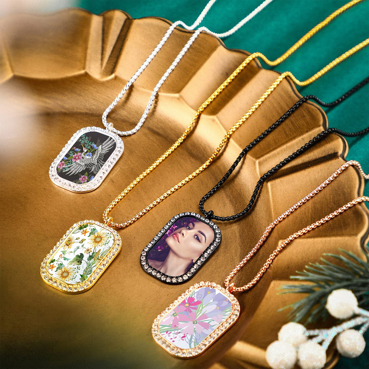 12 Pieces Sublimation Blank Necklace with Chain Metal Customized Blank Necklace Heat Transfer Blank Necklace Blank Base Pendant with 12 Pieces Heat Transfer Sheet and High Temperature Glue for Women Hicarer