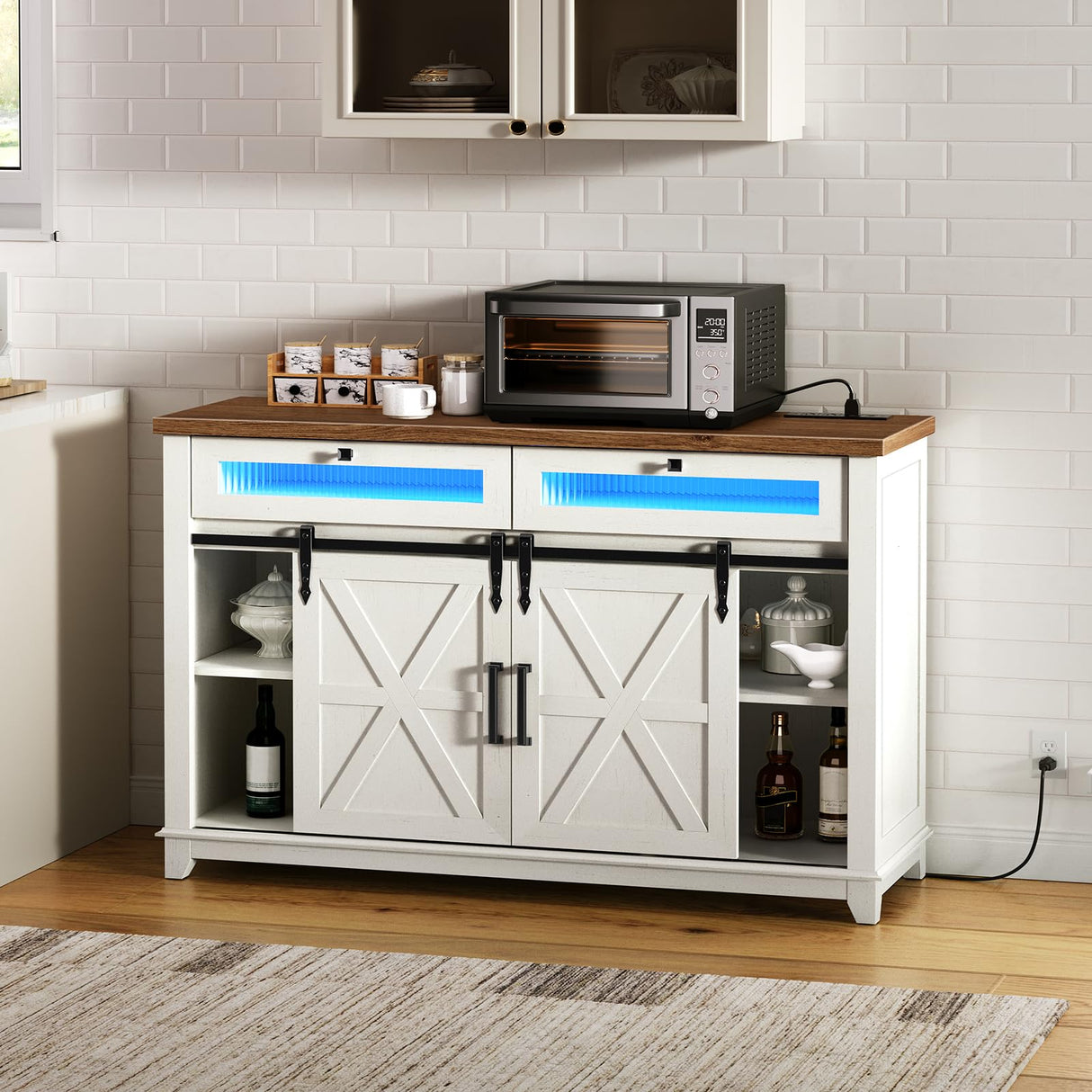 RALGEND White Farmhouse Storage Cabinet, Sideboard Buffet Cabinet with Storage, Kitchen Buffet Storage Cabinet with Power Outlet & LED Light, Coffee Bar Cabinet with Sliding Barn Doors & 2 Drawers RALGEND