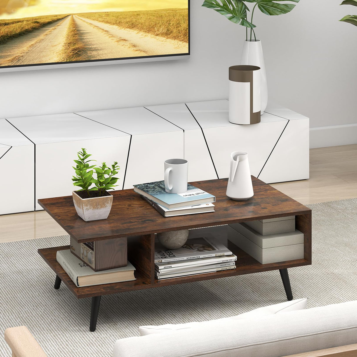 Giantex Coffee Table with Storage, Mid Century Modern Center Table for Living Room, Rectangle Tea Table with Open Storage Shelf & Floor-Anti-Scratching Tapered Metal Legs, Rustic Brown (Rustic Brown) Giantex