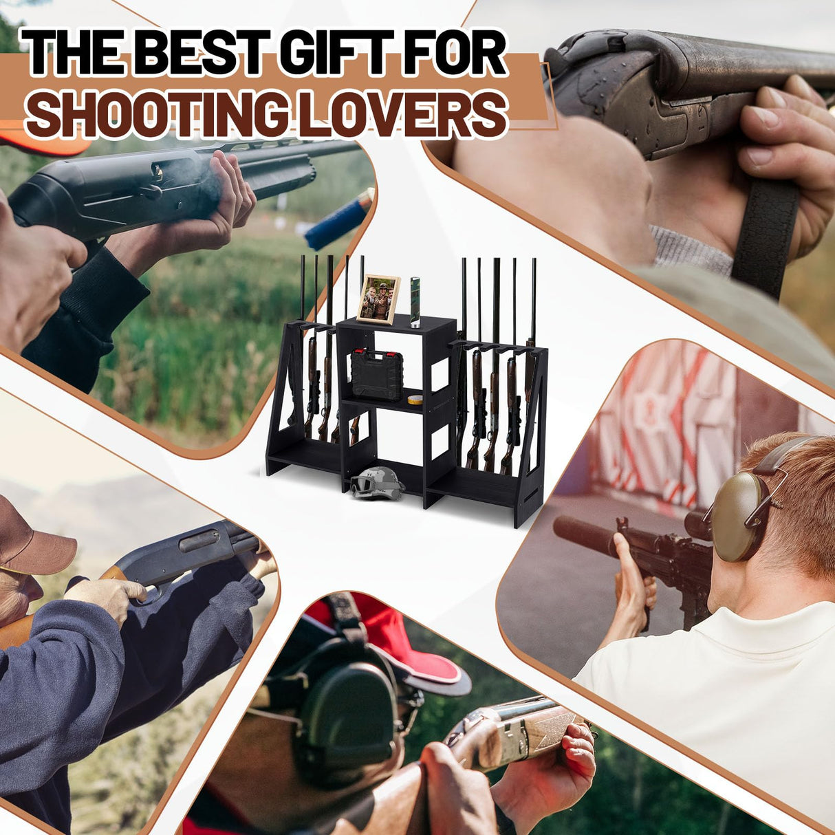 DoubleFill Gun Rack Wooden Display Stand Rifle Rack for Garage Storage Holds 10 Long Guns and Accessories Organizer for Shooting Clubs, Hunting DoubleFill