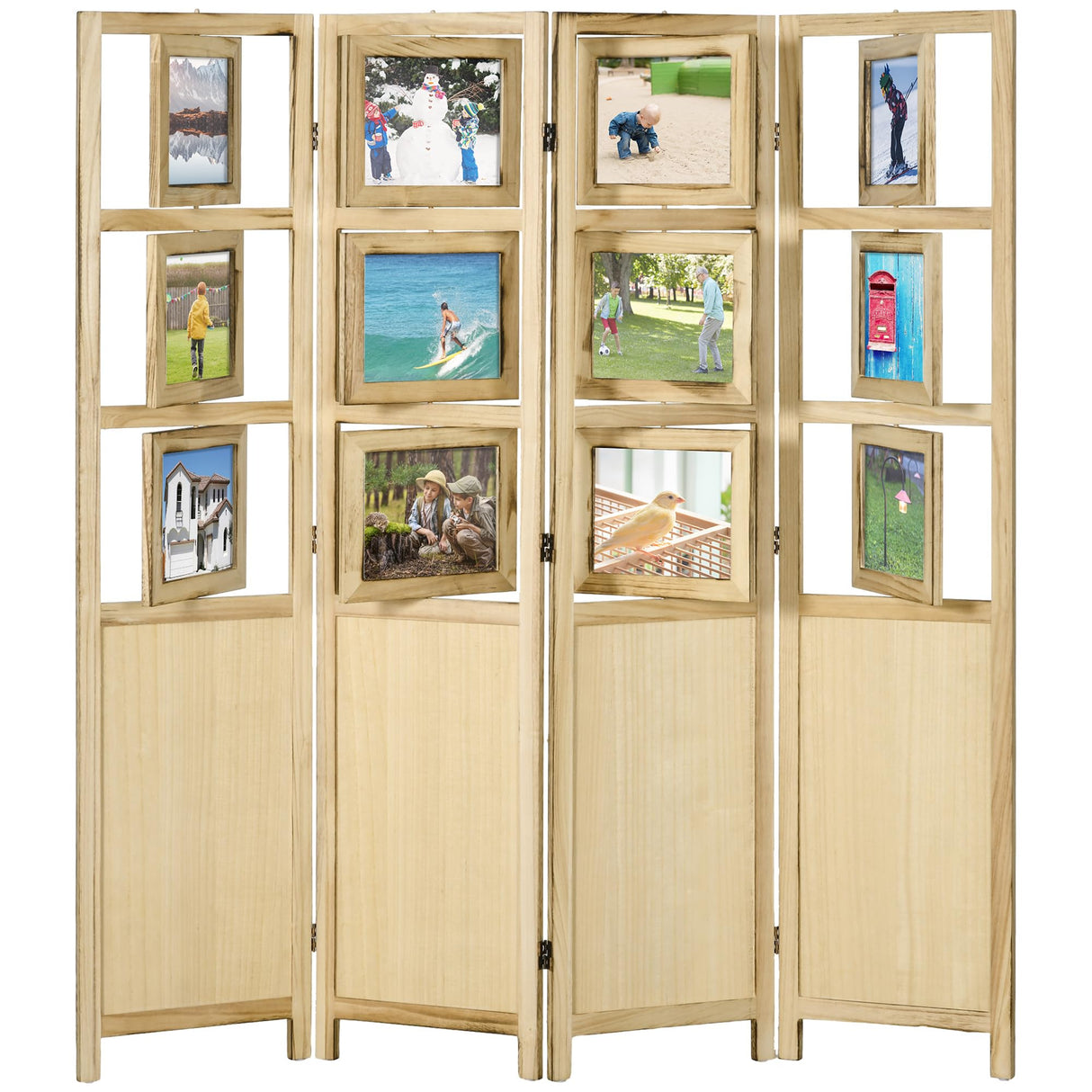 HOMCOM 4 Panel Room Divider, 5.6' Indoor Wood Portable Folding Privacy Screens with Photo Frames and Cardstocks, Hinged Freestanding Partition Wall Dividers for Home Office, Natural HOMCOM