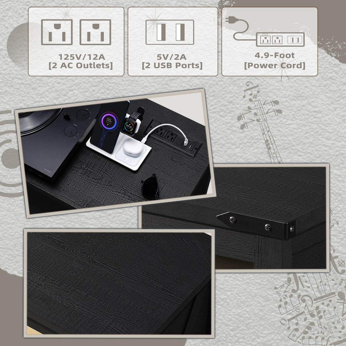 Large Record Player Stand with Charging Station & LED Lights, Black Vinyl Record Storage Holder Holds up to 230 Albums, Turntable Stand with Display Shelf for Music Room Bedroom Living Room. Joaxswe