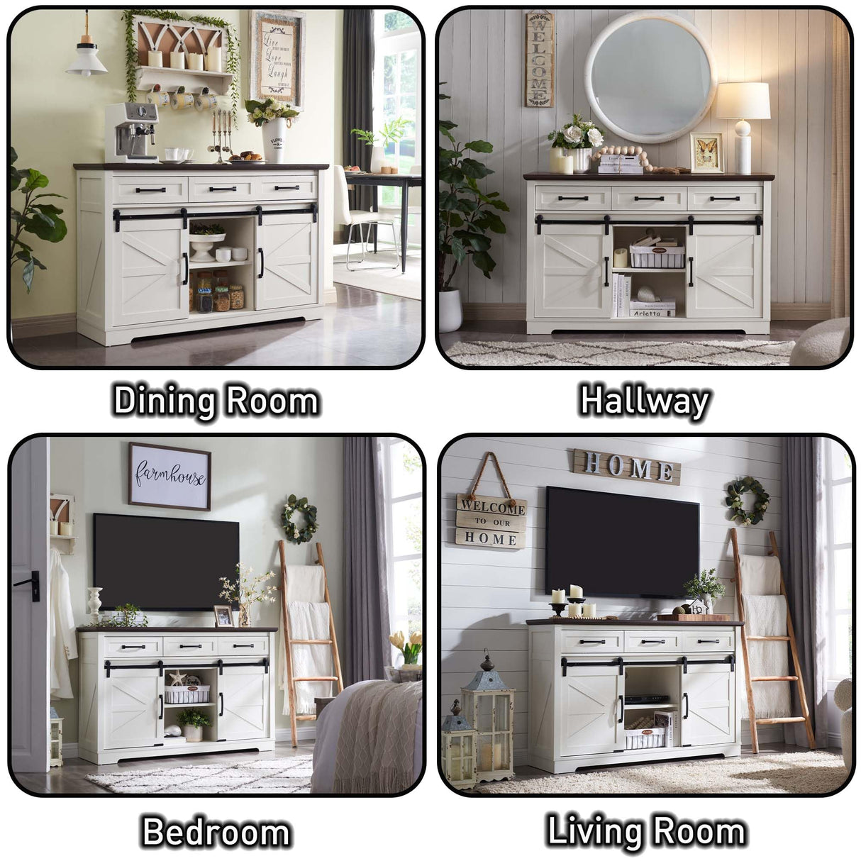 IFGET Farmhouse Buffet Cabinet, 53” Sideboard Cabinet w/3 Drawer, Rustic Storage Cabinet w/Sliding Barn Door, Coffee Bar for Dinning Room, Kitchen, Hallway, and Living Room, White IFGET