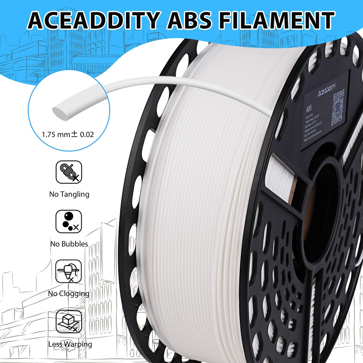 AceAddity ABS 3D Printer Filament, Heat Resistant, Dimensional Accuracy +/- 0.02 mm,1 kg Spool, 1.75 mm (White) Aceaddity