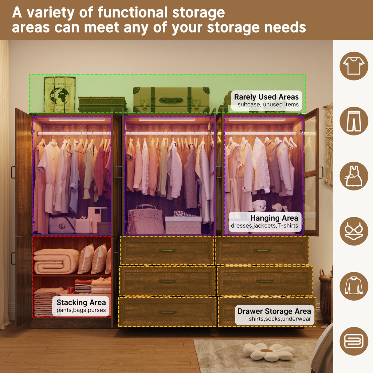 Hlivelood 75" Tall Farmhouse 6 Doors Armoire Wardrobe Closet with 6 Drawers and LED,Freestanding Closet Wardrobe Cabinet for Bedroom with Hanging Rod,Wooden Armoire Storage Cabinet(Brown 6 Doors 2) Hlivelood