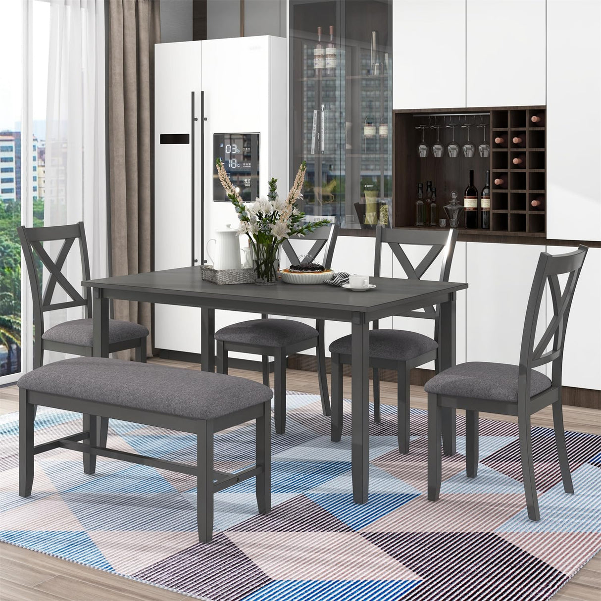 Harper & Bright Designs 6 Piece Wooden Dining Table Set with Upholstered Bench and 4 Dining Chairs, Kitchen Table Set Family Furniture for 6 People (Grey) Harper & Bright Designs