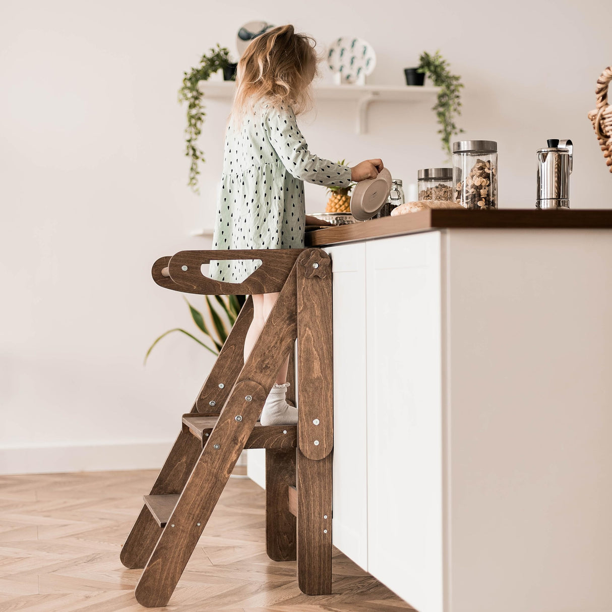 Montessori Toddler Tower Foldable Kitchen Helper Stool for Toddlers Wooden Stepping Stools for Kids Learning Towers for Bathroom and Kitchens (Dark Walnut, Montessori Tower) Enjoy The Wood