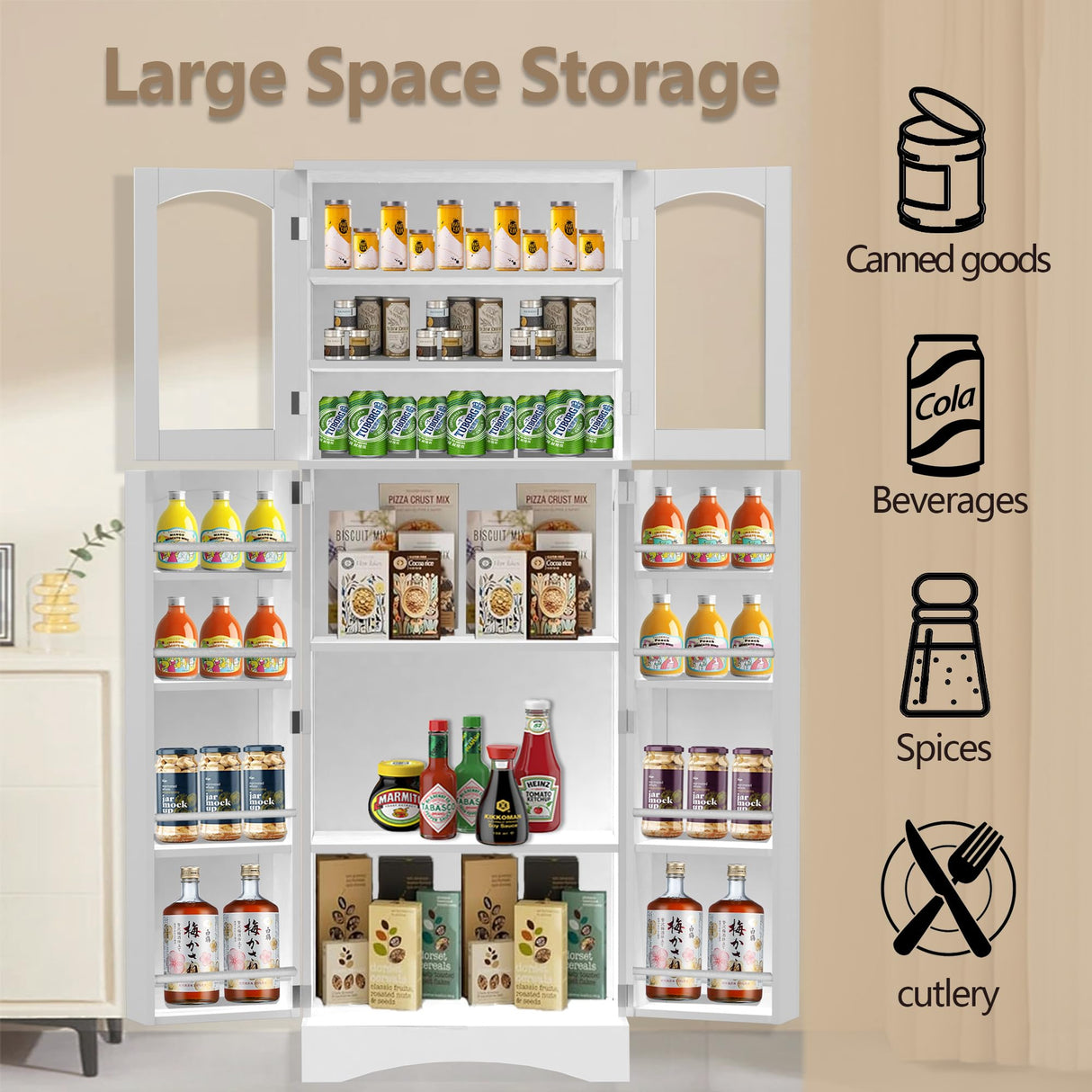 CATMIX Kitchen Pantry Cabinet, Tall Food Pantry Storage Cabinet with Glass Doors and Adjustable Shelves, Freestanding Cabinet for Kitchen, Living Room, Dining Room, White CATMIX
