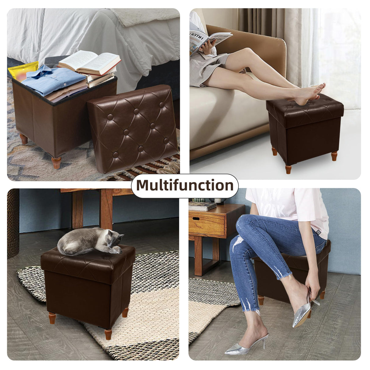 CAROLMADE Folding Storage Ottoman Cube PU Leather Footstool with Wood Legs Ottoman Footrest for Living Room and Bedroom Brown, 15x12.6 x 15.4” CAROLMADE