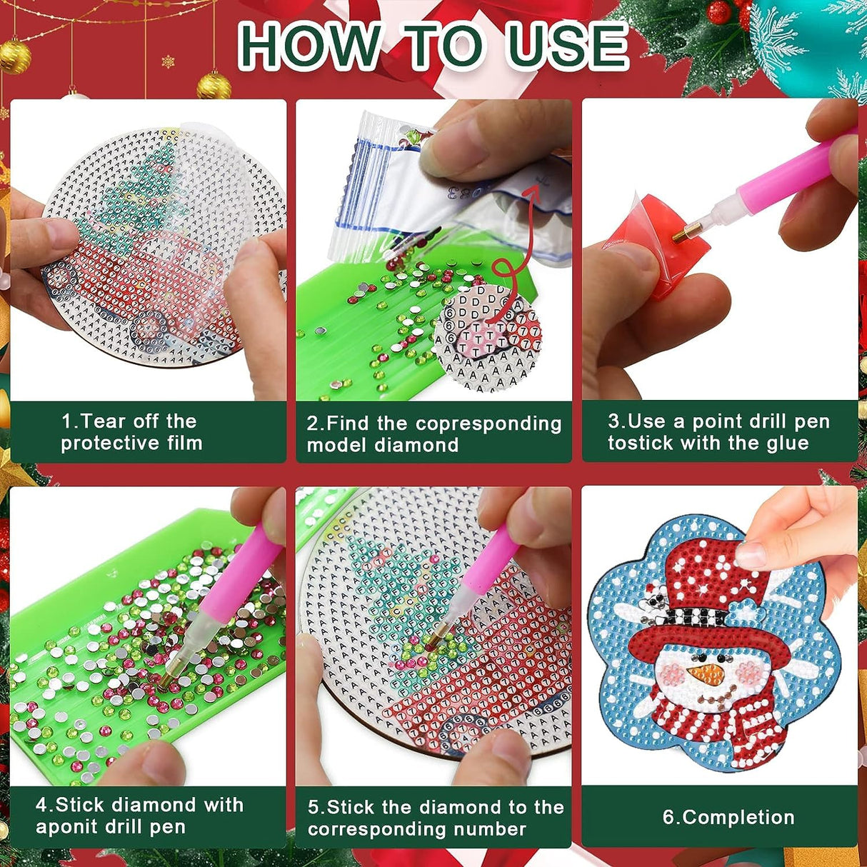 Meothan 6 Pcs Diamond Art Coaster Kits With Holder - Christmas Snowman Diamond Painting for Adults Beginners - 5D Gem Art Dots Paintings With Cork Pads - Crafts Supplies Meothan