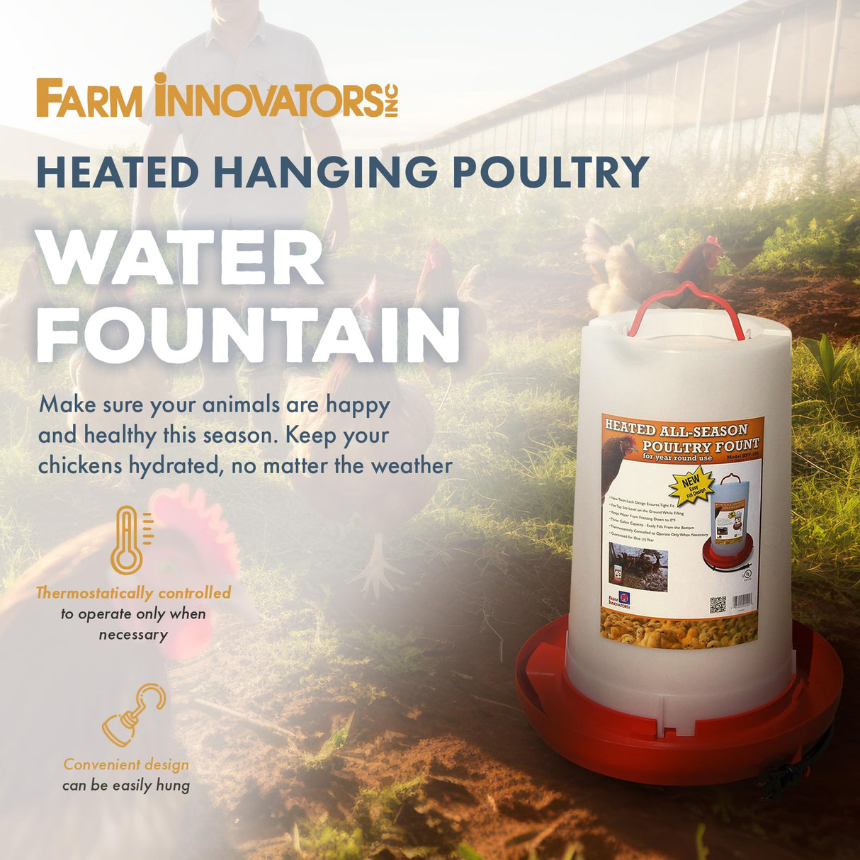Farm Innovators Heated Chicken Waterer, Poultry Water Fountain, 3 Gallon Farm Innovators Inc.