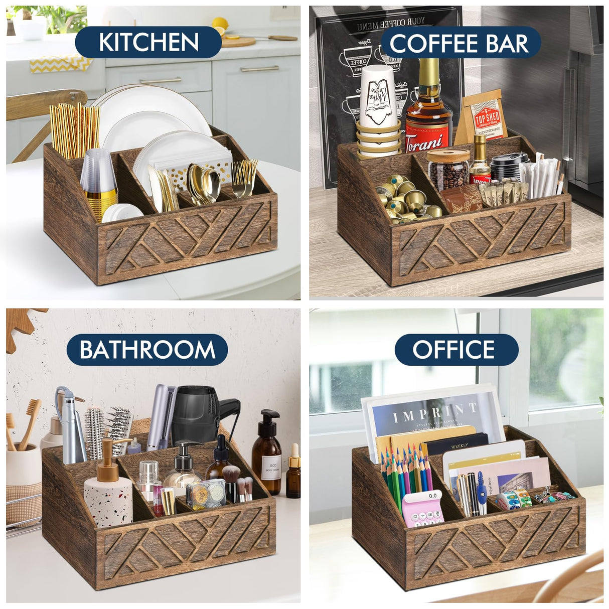 Paper Plate Dispenser, Paper Plate Holder for Kitchen Counter, Wood Rustic Silverware Utensil Caddy, Cutlery Flatware Organizer Box for Cups Spoons Forks Plates Napkins, Kitchen Accessories (Brown) Ukonvi