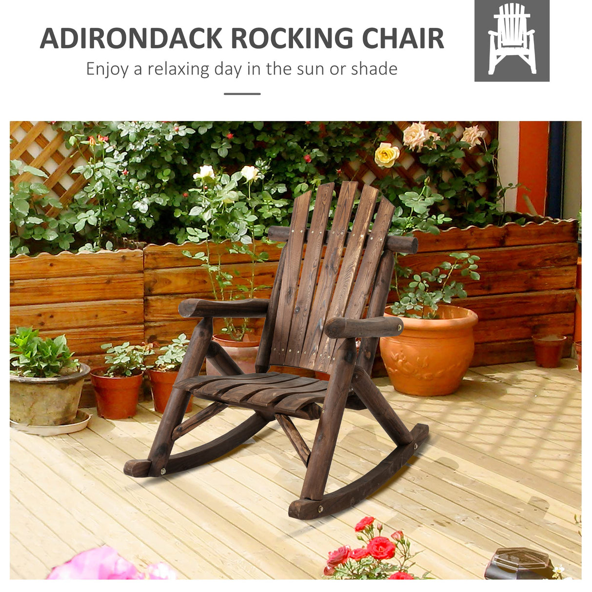 Outsunny Outdoor Wooden Rocking Chair, Single-Person Adirondack Rocking Patio Chair with Rustic High Back, Slatted Seat and Backrest for Indoor, Backyard, Garden, Carbonized Outsunny