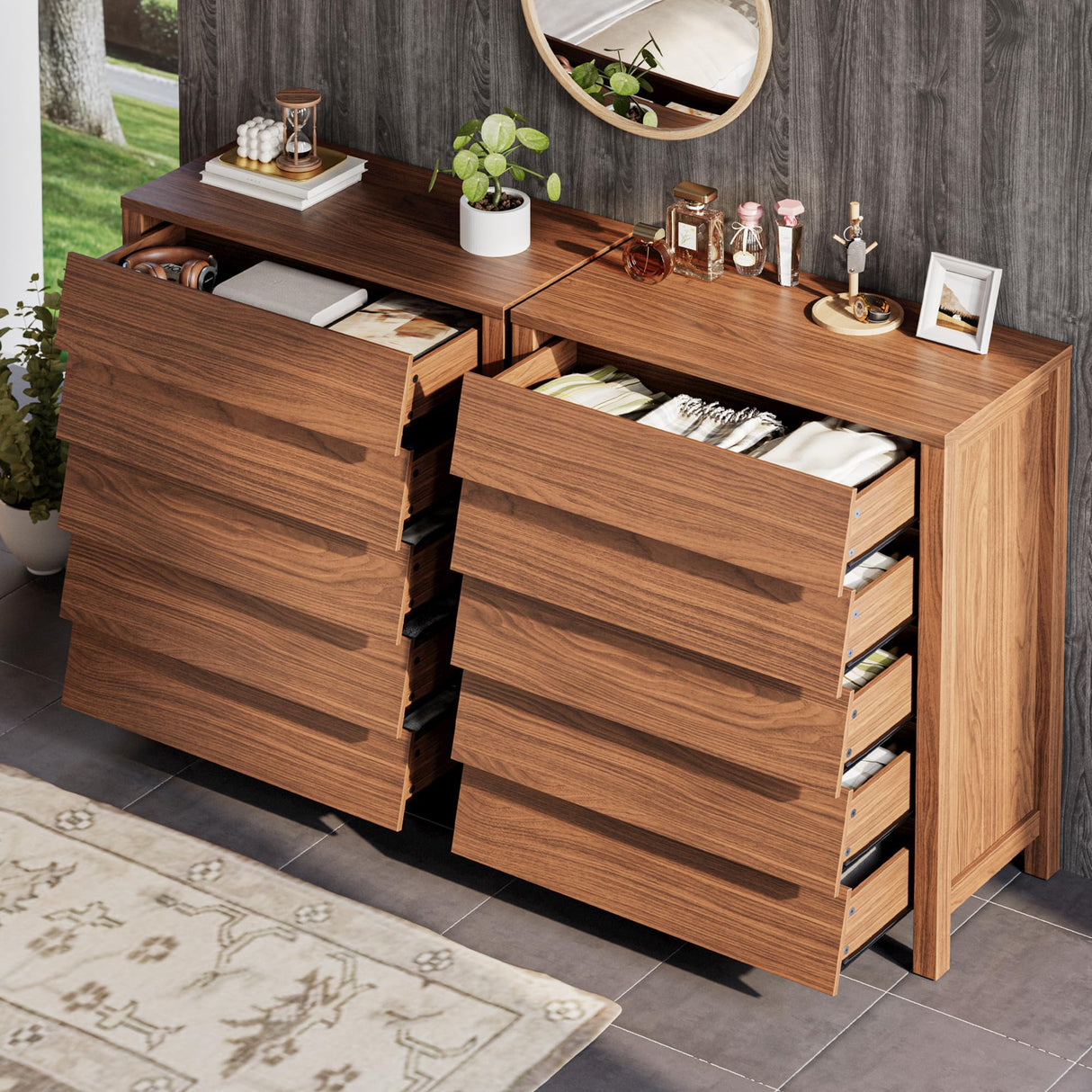 IRONCK 5 Drawer Dresser for Bedroom, Modern Chest of Drawers with Handleless Design, Wooden Tall Dresser Storage Cabinet Bedroom Furniture for Living Room, Hallway, Closet, Walnut IRONCK