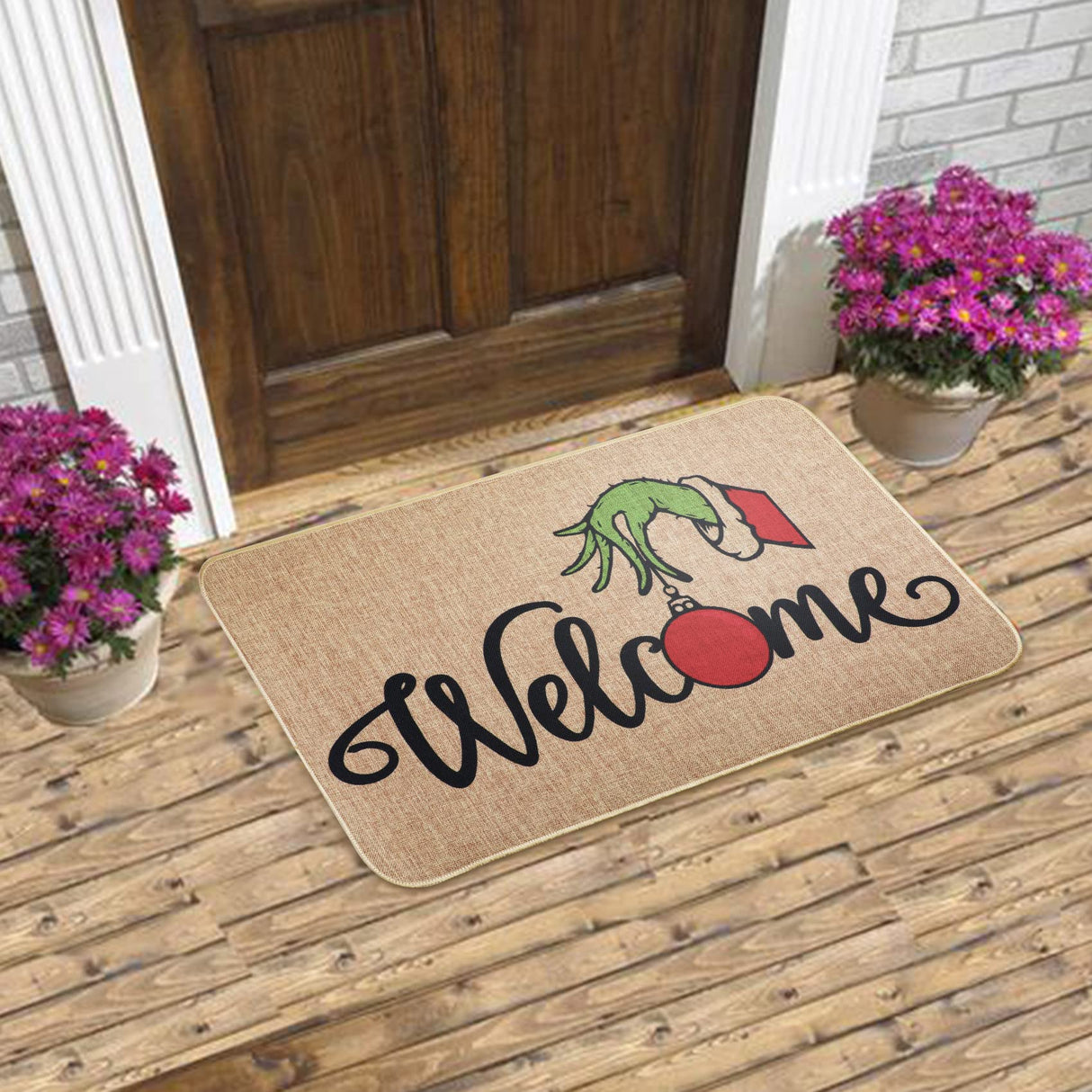 Erweicet Christmas Door Mat Xmas Welcome Christmas Mat Non-Slip and Washable Winter Doormat Rubber Back Snowflakes Door Mat Rugs for Indoor Outdoor(Green Hand Pattern) Erweicet