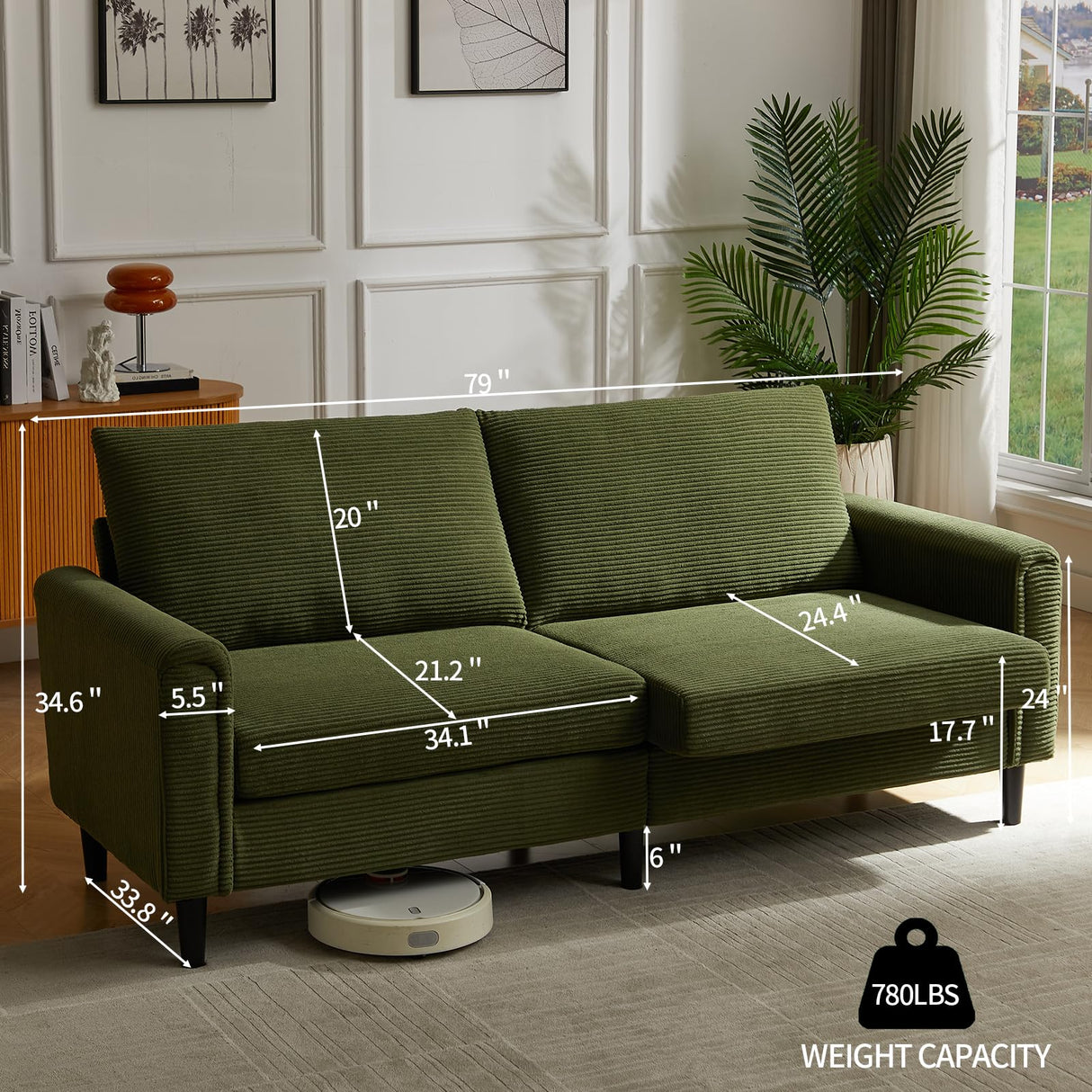 Brelice 80" Loveseat Sofa, Corduroy Couch for Living Room, 24.4" Extra Deep Seats, Mid Century Modern Oversized Love Seat for Bedroom, Office, Apartment and Small Space(Green) Brelice