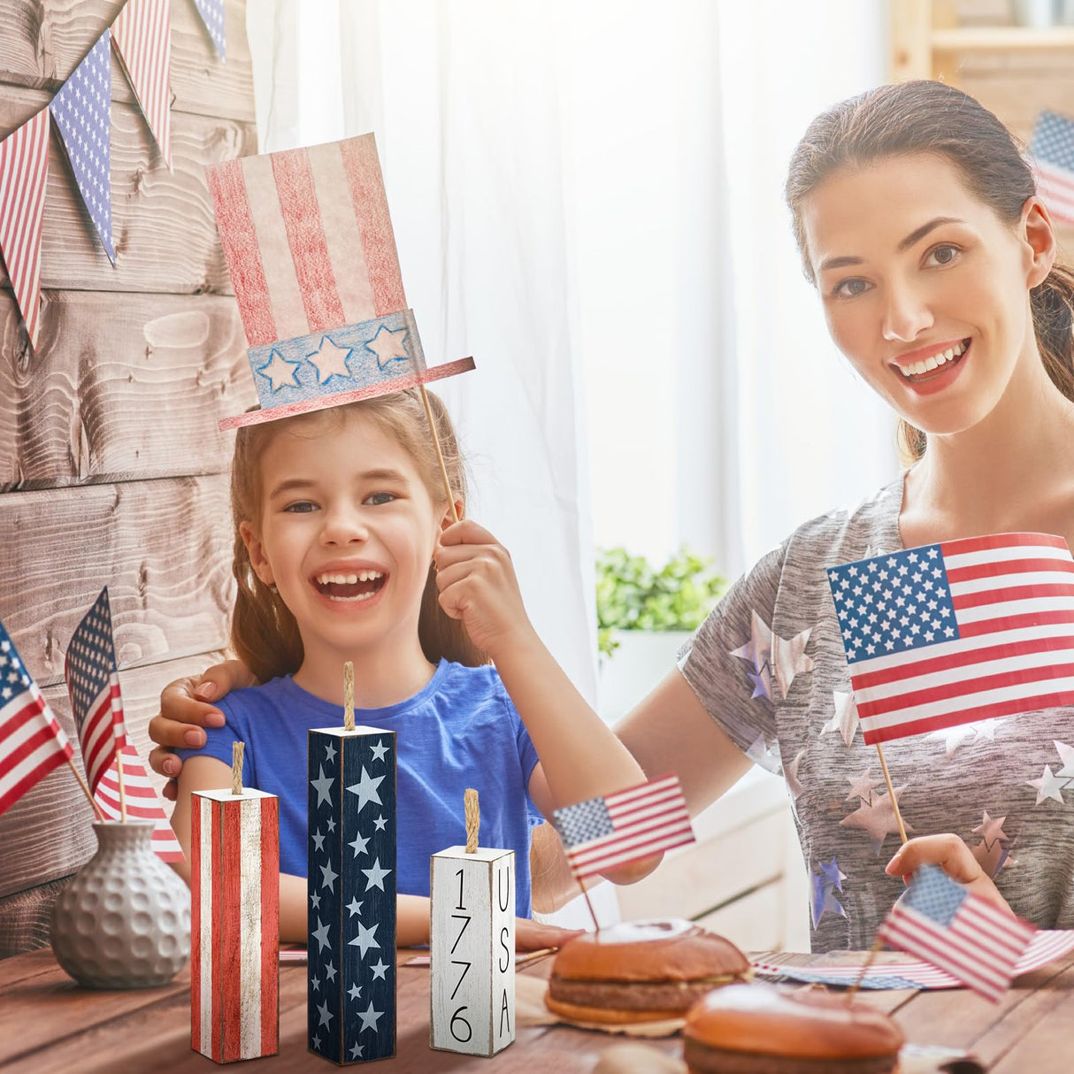 Amyhill 3 Pcs 4th of July Wooden Table Decorations Patriotic Table Centerpieces Independence Day Wood Firework Fourth of July Table Signs for Home Farmhouse Decor(Classic Style) Amyhill