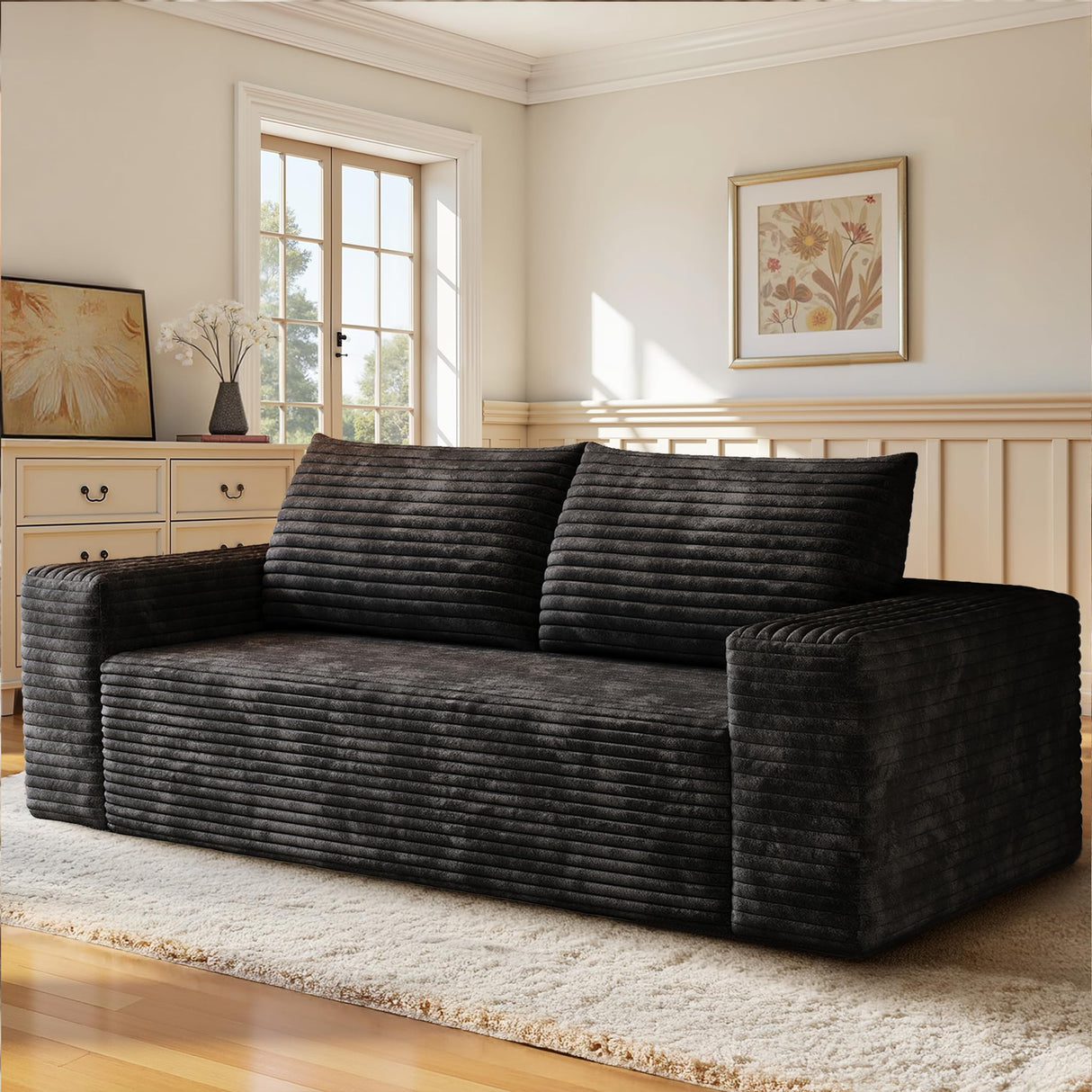 FAVSH Loveseat Sofa Couch for Living Room - 63" Boneless Couch with Comfy Corduroy,for Small Space, Bedroom, Apartment, No Assembly Required,Black FAVSH