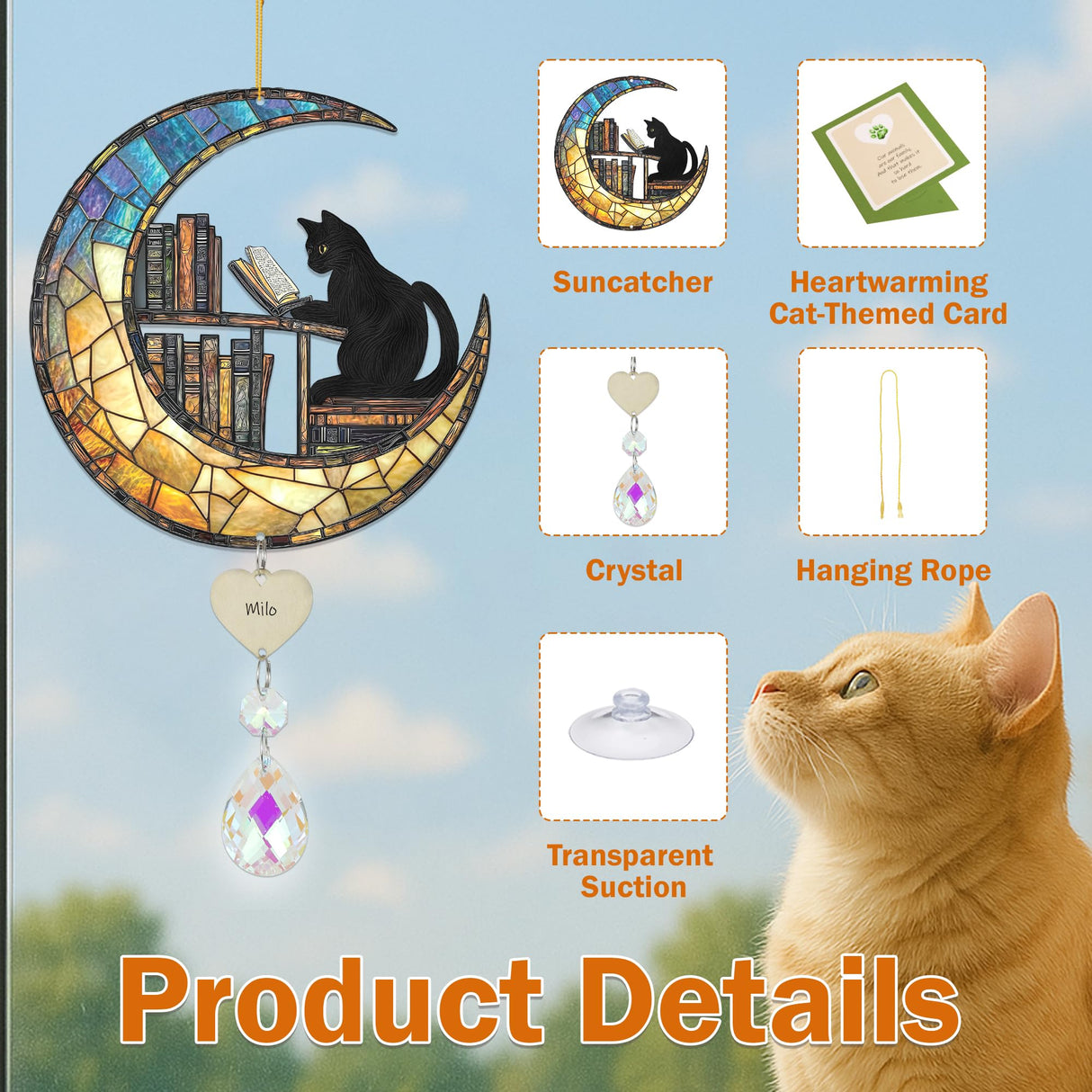 Black Cat and Bookshelf Suncatcher - Black Cat Reading a Book on The Moon Suncatcher, Bookworm Ornament with Crystal Suncatchers, Pet Memorial Gifts for Women, Gift for Book Lovers and Pet Owner. BOBI CARE