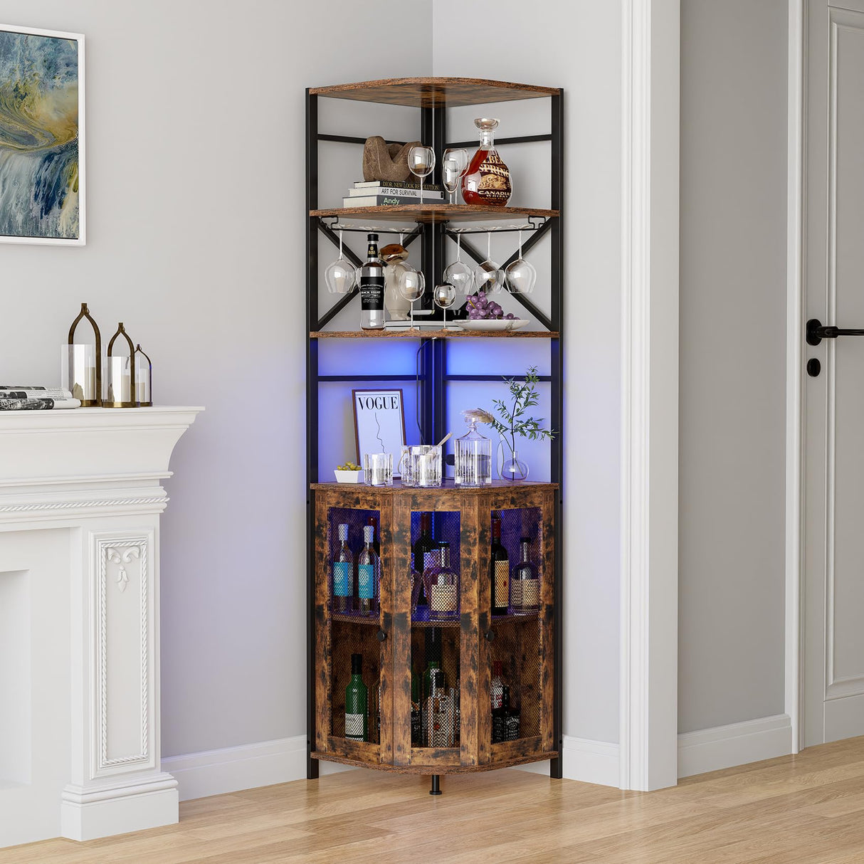 Aufvolr Wine Bar Cabinet with Power Outlet, 6-Tiers Industrial Wine Cabinet with LED Light and Glass Holder, Corner Wine Cabinet with Adjustable Shelf, Liquor Cabinet Bar for Christmas Aufvolr