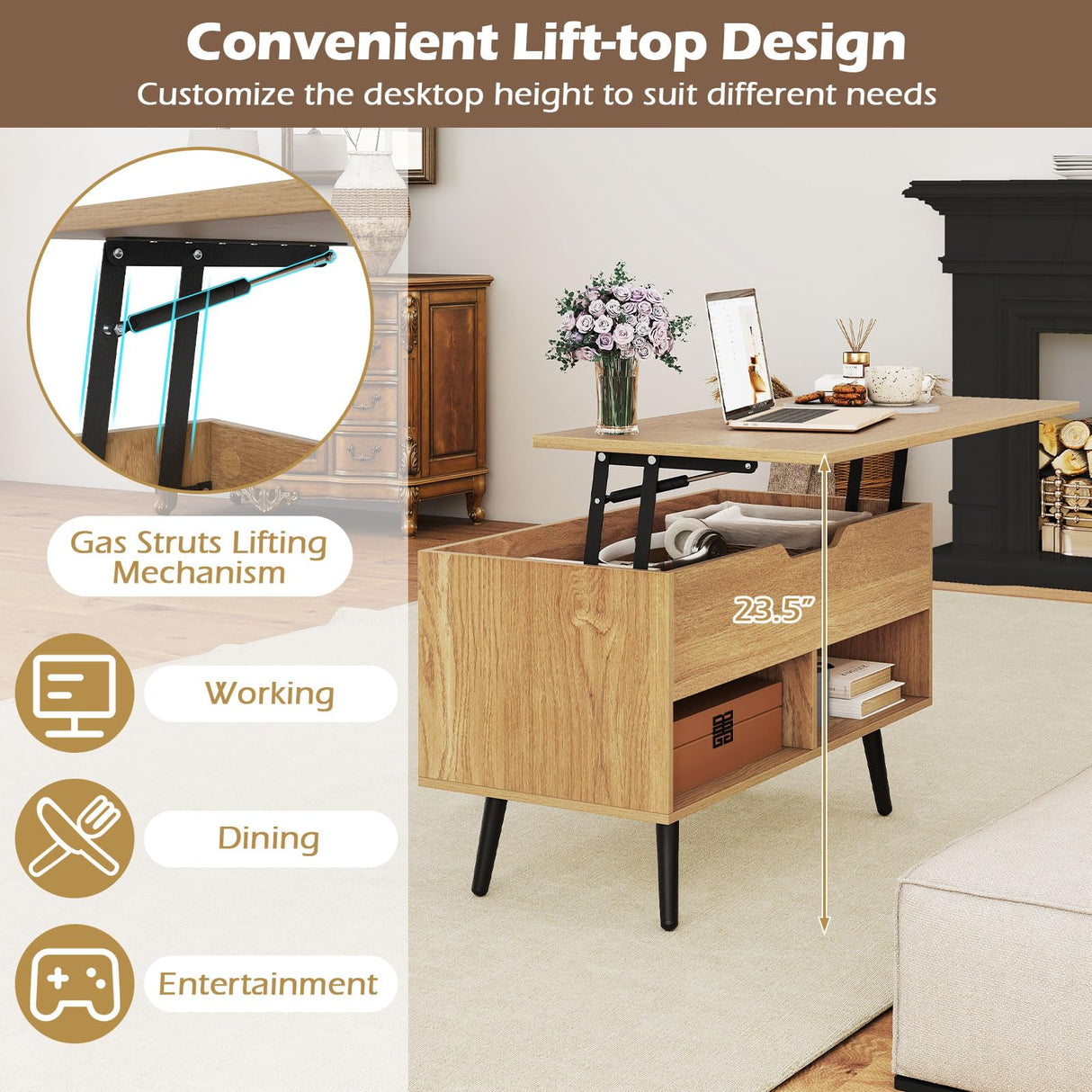 Giantex Lift Top Coffee Table, Modern Cocktail Table w/Hidden Compartment & 2 Open Shelves, Flip Top Center Table, Wooden Pull up Coffee Table for Living Room, Reception Room, Office (Natural) Giantex